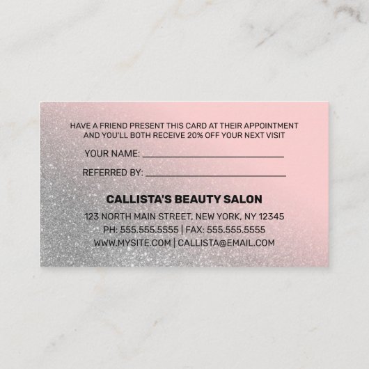 赤面ピンクシルバーグリッター勾配タイポグラフィ 紹介カード (裏面)