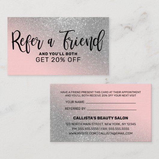 赤面ピンクシルバーグリッター勾配タイポグラフィ 紹介カード (正面/裏面)