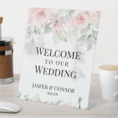 赤面ピンクシルバーグリーンへようこそ私たち結婚の 台座サイン (インサイチュ)