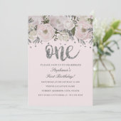 赤面ピンクシルバーフラワーフローラワンファースト誕生日 招待状 (スタンド正面)