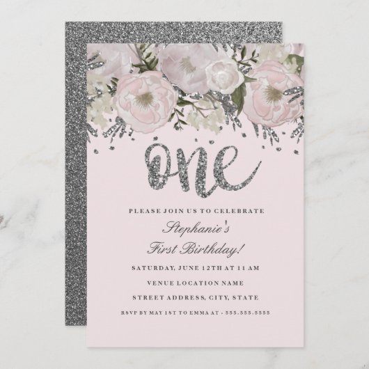 赤面ピンクシルバーフラワーフローラワンファースト誕生日 招待状 (正面/裏面)