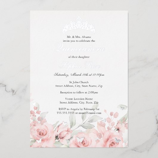 赤面ピンクシルバーフローラティアラキンセアニェラ 箔招待状 (正面)