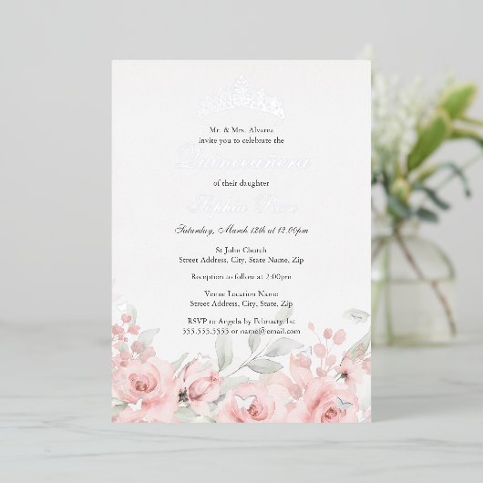 赤面ピンクシルバーフローラティアラキンセアニェラ 箔招待状 (立ち正面)