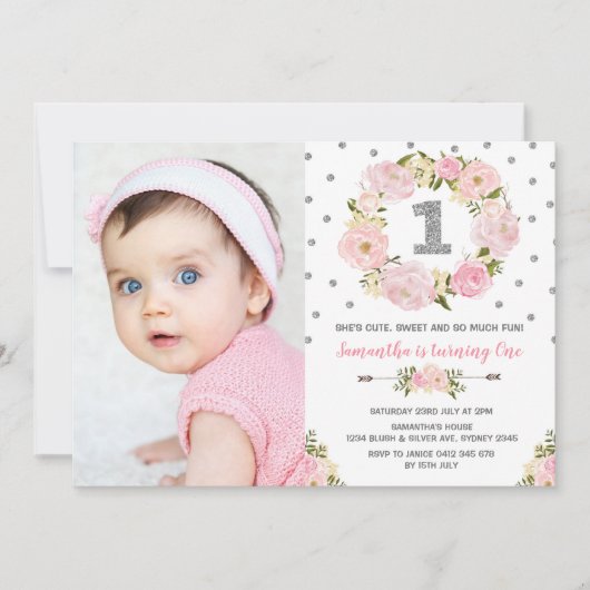 赤面ピンクシルバーフローラ第1誕生日招待状 招待状 (正面)