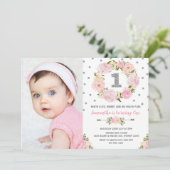 赤面ピンクシルバーフローラ第1誕生日招待状 招待状 (スタンド正面)