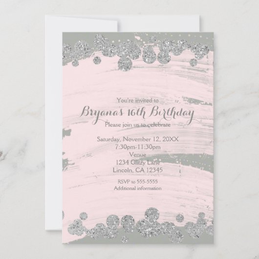 赤面ピンクシルバー&グレースパークルドットグラムパーティー 招待状 (正面)