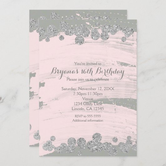 赤面ピンクシルバー&グレースパークルドットグラムパーティー 招待状 (正面/裏面)