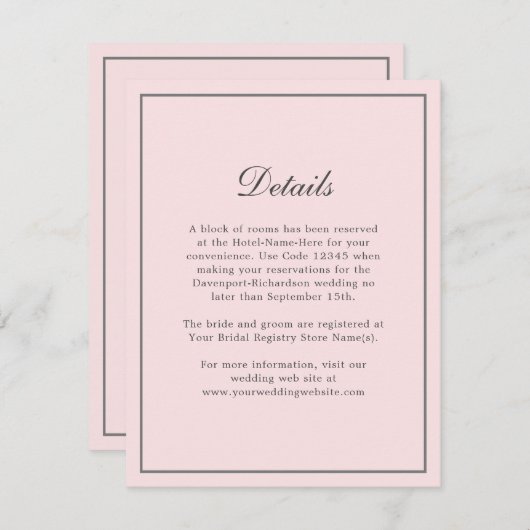 赤面ピンクシンプルのエレガントな結婚式詳細 エンクロージャーカード (正面/裏面)