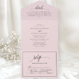 赤面ピンクシンプルのモダンスクリプト オールインワン招待状