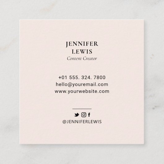赤面ピンクシンプルのモダンフォトソーシャルメディア スクエア名刺 (裏面)
