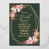 赤面ピンクジオメトリックダークグリーンブライダルシャワー 箔招待状 (正面)