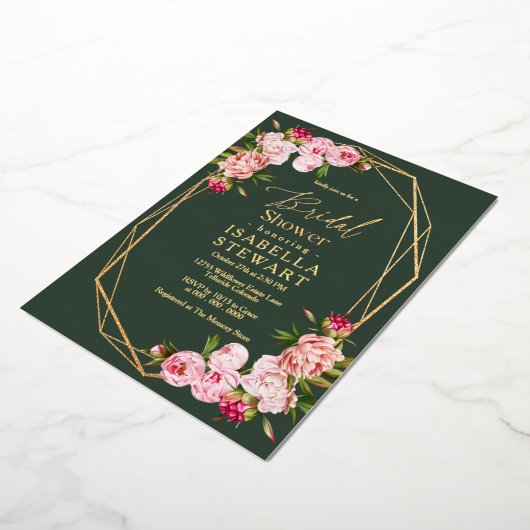 赤面ピンクジオメトリックダークグリーンブライダルシャワー 箔招待状 (回転した状態)