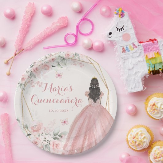 赤面ピンクジオメトリックフローラプリンセス15アニョス ペーパープレート (パーティー)