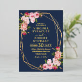 赤面ピンクジオメト王室のリックブルー結婚ネイビー 箔招待状 (立ち正面)