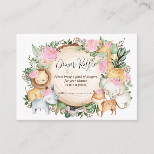 赤面ピンクジャングルサファリベビーガールオムツラッフル エンクロージャーカード (正面)