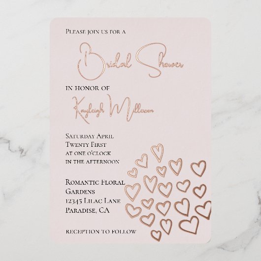赤面ピンクスイーツハートブライダルシャワー 箔招待状 (正面)