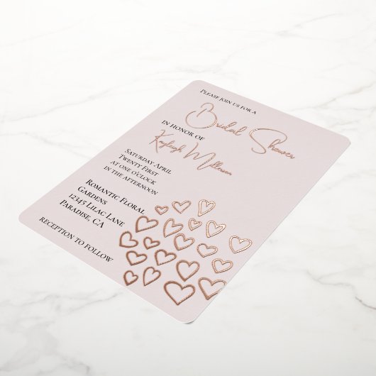 赤面ピンクスイーツハートブライダルシャワー 箔招待状 (回転した状態)