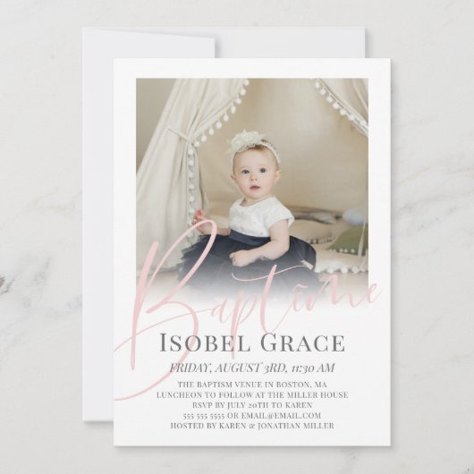 赤面ピンクスクリプトフォトバプテメ 招待状 (正面)