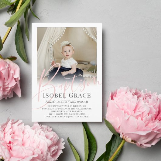 赤面ピンクスクリプト写真バプテスマ 招待状