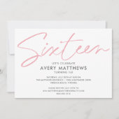 赤面ピンクスクリモダンプト甘い16誕生日パーティー 招待状 (正面)