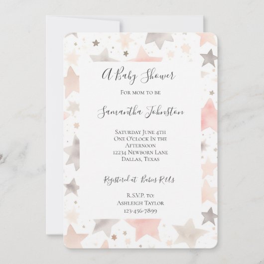 赤面ピンクスターズ赤ちゃんシャワー 招待状 (正面)