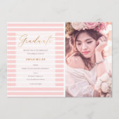 赤面ピンクストライプのモダン卒業写真 案内状 (正面)