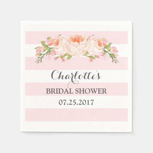 赤面ピンクストライプフローラブライダルシャワーナプキン スタンダードカクテルナプキン (正面)