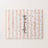 赤面ピンクストライプ金ゴールドハート ジグソーパズル (横)