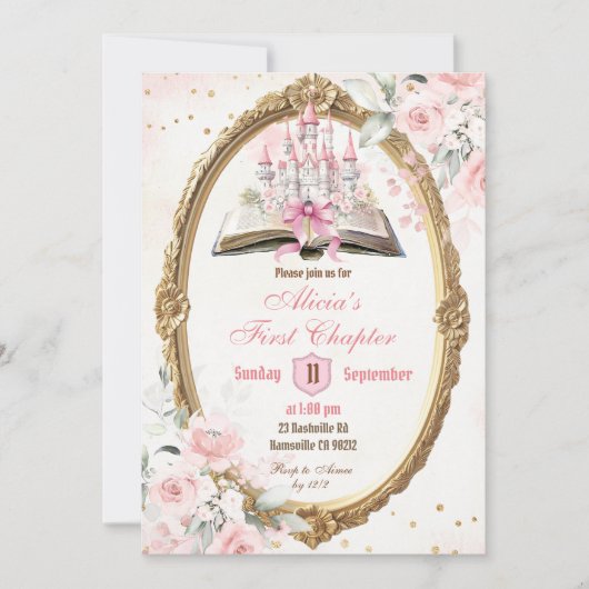 赤面ピンクストーリーブックプリンセス1st誕生日 招待状 (正面)