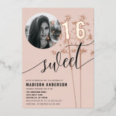 赤面ピンクスパークラースイーツ16誕生日写真 箔招待状 (正面)