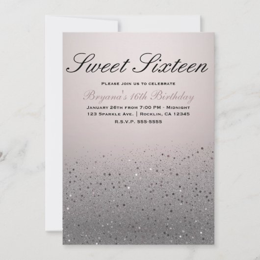 赤面ピンクスパークリーグリッタースウィート16バースデーパーティー 招待状 (正面)