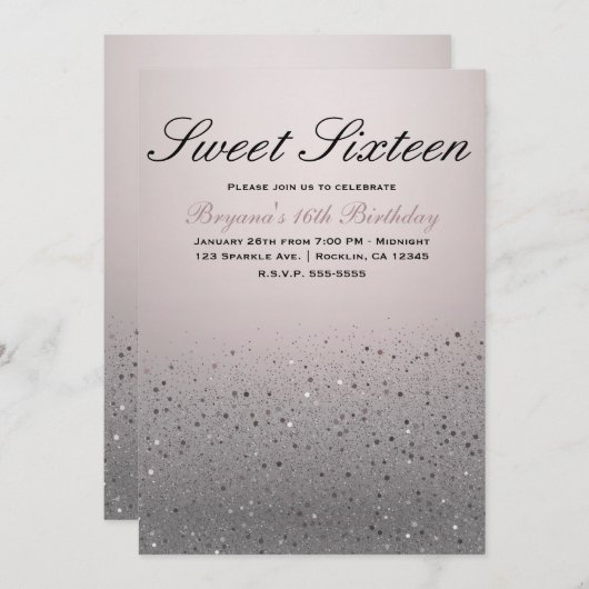 赤面ピンクスパークリーグリッタースウィート16バースデーパーティー 招待状 (正面/裏面)