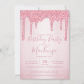 赤面ピンクスパークルグリッタードリップズ任意の年誕生日 招待状 (正面)