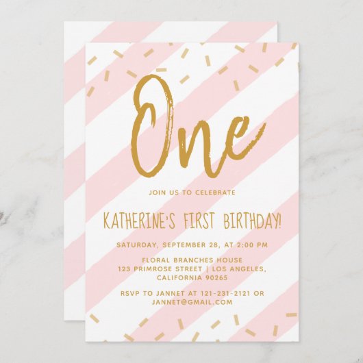 赤面ピンクスプリンクルストライプ金ゴールドグリッター誕生日 招待状 (正面/裏面)