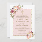 赤面ピンクスペインのフローラ1歳の誕生日とバプテスマ 招待状 (正面)