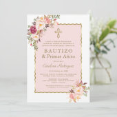赤面ピンクスペインのフローラ1歳の誕生日とバプテスマ 招待状 (スタンド正面)