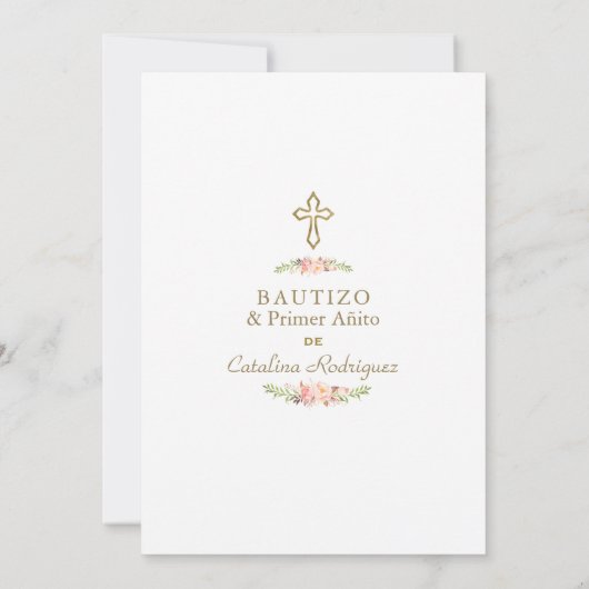 赤面ピンクスペインのフローラ1歳の誕生日とバプテスマ 招待状 (裏面)