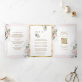 赤面ピンクセージグリーンフローラオールインワン結婚ズ 三つ折り招待状 (内部)