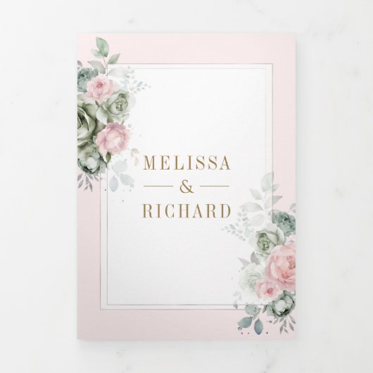 赤面ピンクセージグリーンフローラオールインワン結婚ズ 三つ折り招待状 (カバー)