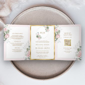 赤面ピンクセージグリーンフローラオールインワン結婚ズ 三つ折り招待状