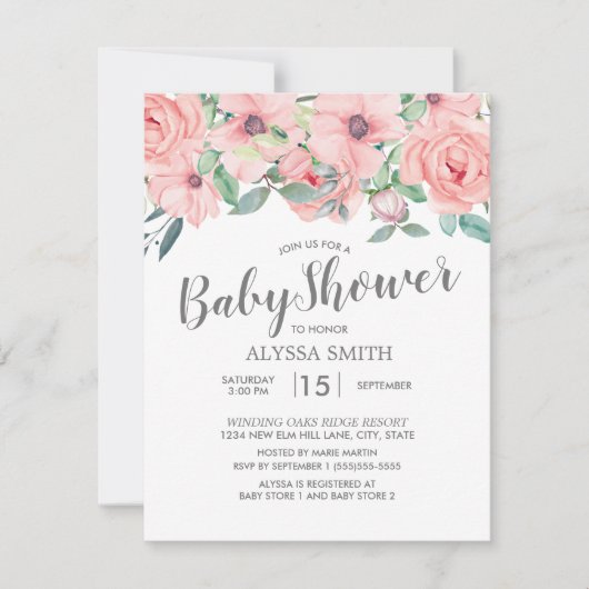 赤面ピンクセージグリーンフローラベビーシャワー 招待状 (正面)
