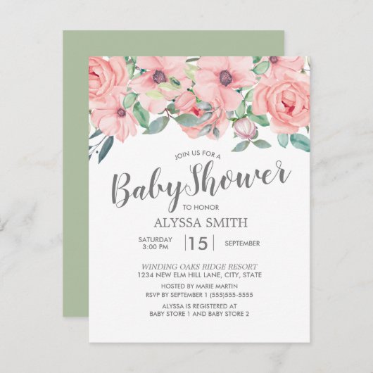 赤面ピンクセージグリーンフローラベビーシャワー 招待状 (正面/裏面)