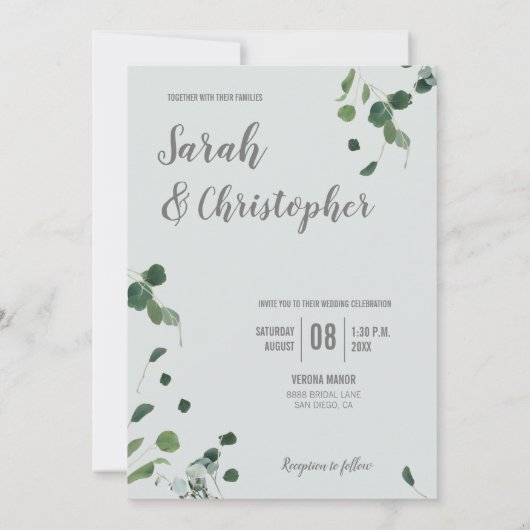 赤面ピンクセージグリーン離れシオン植物ユーカリ 招待状 (裏面)