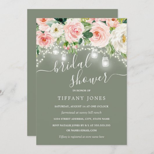 赤面ピンクセージフローラライトブライダルシャワー 招待状 (正面/裏面)