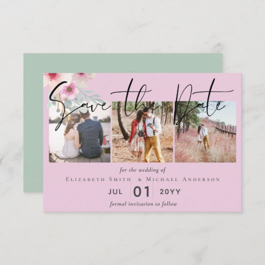 赤面ピンクセージフローラ結婚式の日付を保存 (正面/裏面)