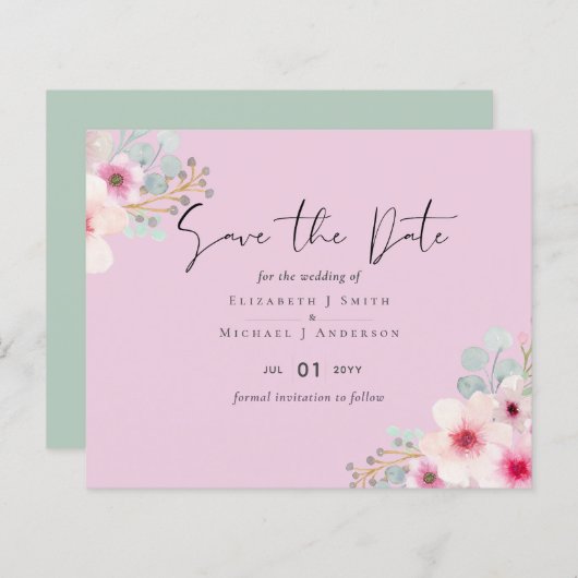 赤面ピンクセージフローラ結婚式の日付を保存 (正面/裏面)