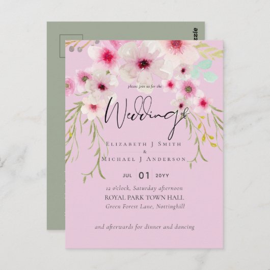 赤面ピンクセージ結婚フローラのスクリプト予算 ポストカード (正面/裏面)