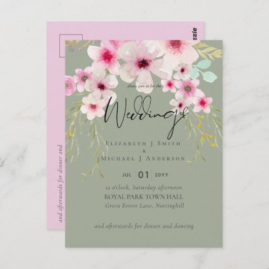 赤面ピンクセージ結婚フローラのスクリプト予算 ポストカード (正面/裏面)