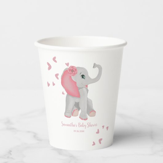 赤面ピンクゾウ水彩ハートベビーシャワー 紙コップ (正面)