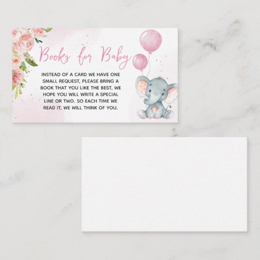 赤面ピンクゾウ赤ちゃんシャワーベビー本 エンクロージャーカード (正面/裏面)
